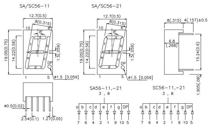 Datasheet Display de 7 segmentos (SC56-11EWA)  - Display 7-seg CC con características técnicas y diagrama de pines