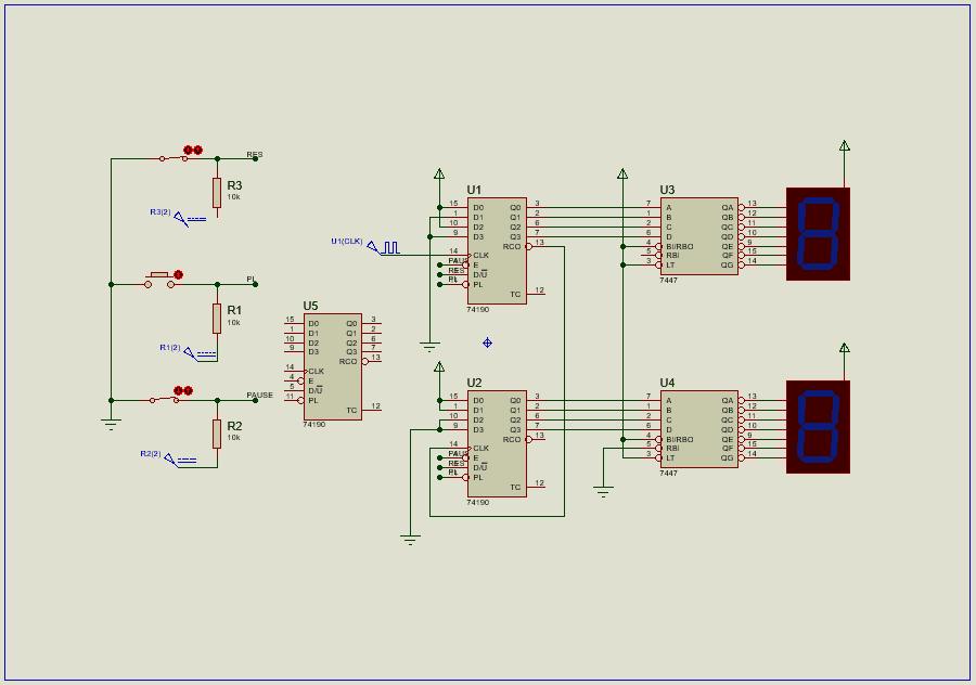 Contador ascendente y descendente de 0 a 99 con IC 74190 - Diagrama de circuito completo