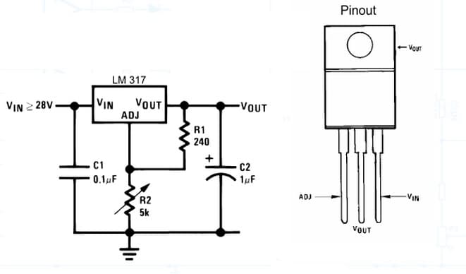 Regulador de Voltaje Lineal Ajustable LM317T — Datasheet, Pinout y Circuito